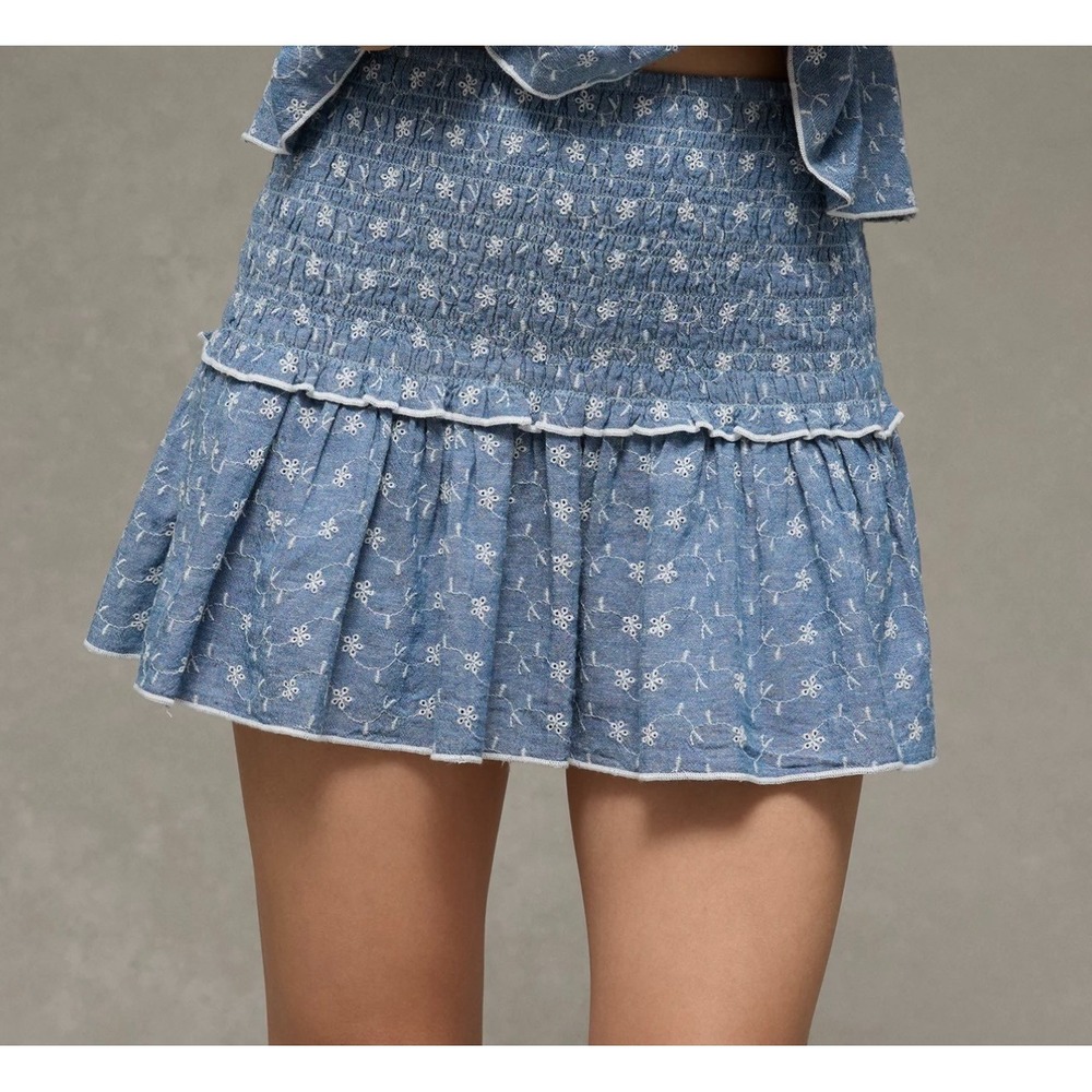 American Eagle AE High Waisted Soft Girl Smocked Tiered Blue Mini Skirt Size M
